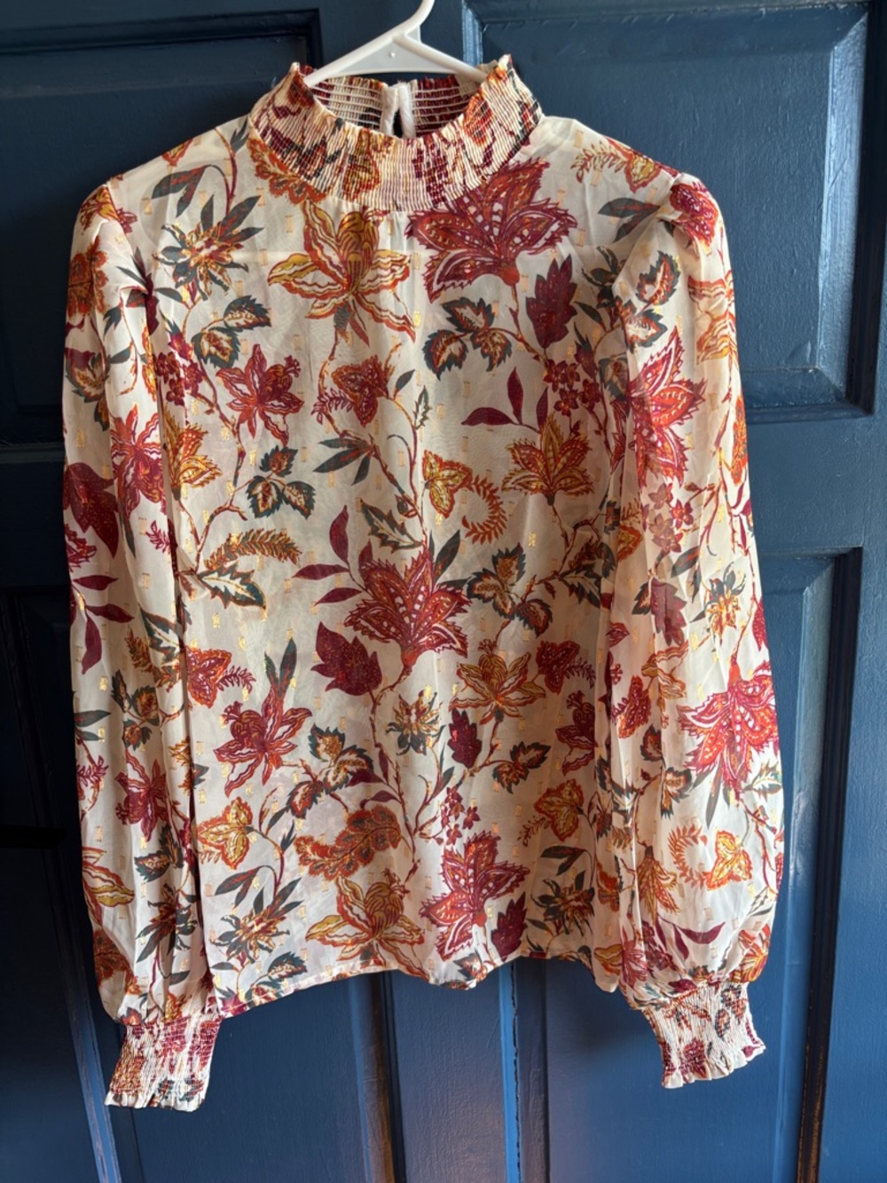 Flying Tomato Cream Blouse with Red & Gold Floral Print